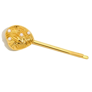 Gold plated stainless steel shell hair clip with pearls and vintage textured finish