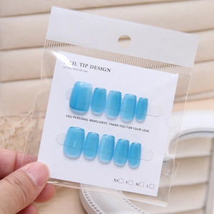 Handmade translucent sea blue cat eye press-on nails set with size guide XS to L