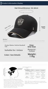 Detailed size chart for cotton baseball cap showing brim width and head circumference