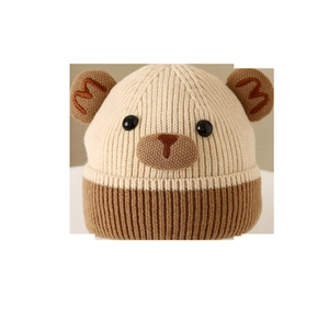 Cute bear-themed knitted hat for kids featuring two-tone colors and 3D ear details