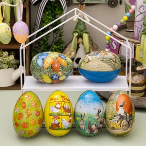 Easter tin egg candy boxes with rabbit and floral patterns for festive decorations