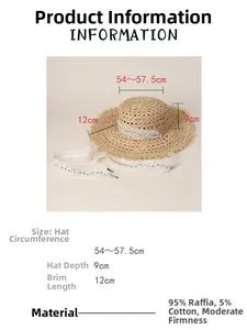 Information chart of raffia sun hat showing size, 12cm brim and 95% raffia material
