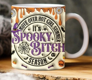 Detail of 3D Halloween mug showing spooky embossed text on a ceramic surface