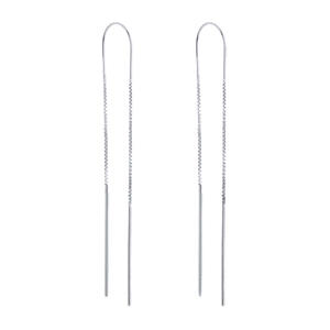 Macro detail of silver S925 sterling silver drop chain earrings with U-shaped hooks