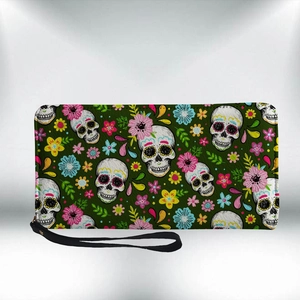 Long Zipper Wallet PU Leather Wristlet Clutch Sugar Skull Halloween Day Of The Dead Floral Print Fashion For Women