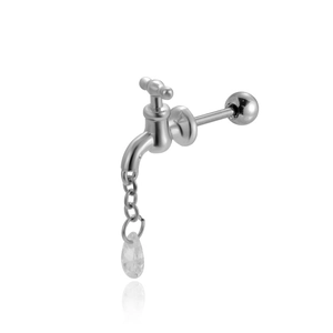Detailed close-up of a silver faucet-shaped ear stud with a hanging crystal water drop charm