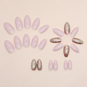 Pink and silver glitter almond press-on nails set in elegant oval shape for women