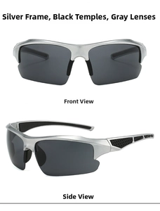 Front and side view of silver outdoor cycling sports sunglasses with grey lenses