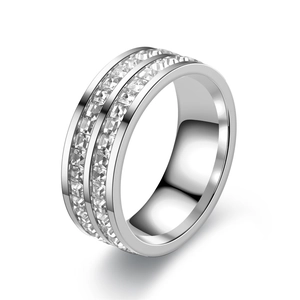 Double row square zircon stainless steel ring in polished silver finish for couples