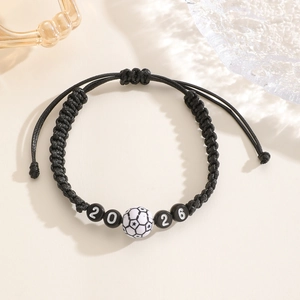 Close-up of handmade 2026 soccer bead bracelet with adjustable black braided cord