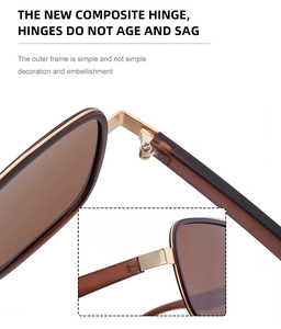 Detail view of durable gold metal hinge and brown polarized lens of stylish sunglasses