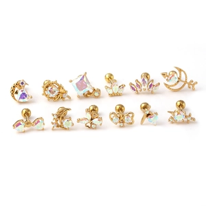 Set of 12 gold stainless steel cartilage studs with iridescent AB crystals and charms