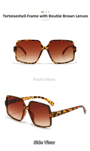 Detailed front and side view of oversized tortoiseshell square sunglasses with tea lenses