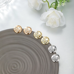 Detailed view of round micro-set zircon earrings in gold, silver, and rose gold finishes
