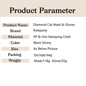 Detailed specifications of the diamond cat mask and gloves set in black and silver