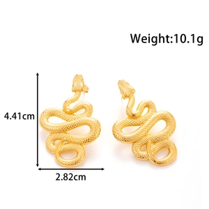 Golden stainless steel snake earrings with scale texture, dimensions 4.41cm by 2.82cm