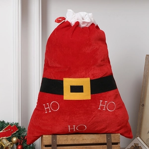 Christmas Gift Bag Velvet Large Drawstring Santa Claus Belt Design HO HO HO Embroidery Reusable Festive Holiday Storage