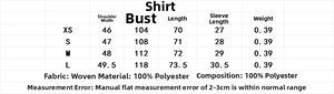 Detailed size chart for women's floral shirt and long trousers two-piece outfit