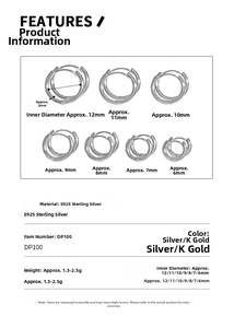 Size comparison chart of S925 sterling silver hoop earrings in 6mm to 12mm diameters