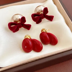 Vintage Red Velvet Bow Artificial Pearl Earrings With Silver Earring Post Elegant Zircon Flocking Jewelry Accessory For Women