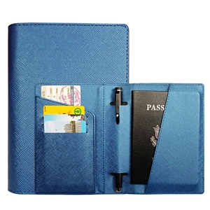 Blue Saffiano PU leather passport holder with multiple card slots and pen loop
