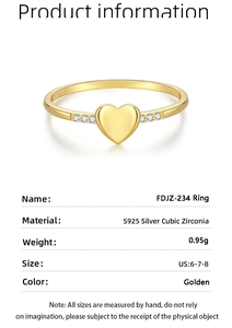 Product specifications table for the S925 sterling silver golden heart ring with zirconia