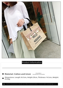 Linen tote bag detail with Hello Weekend print, colorful tassels, and size dimensions