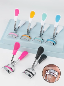 Mini stainless steel eyelash curlers in various colors shown with application detail