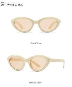 Dual view of off-white oval sunglasses with tea lenses showing front and 45-degree angle