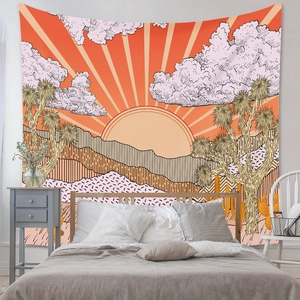 Bohemian desert sunset tapestry wall hanging with orange sun and cactus for bedroom decor