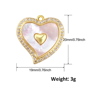 Detailed heart pendant with shell inlay, crystal border, 20mm height and 3g weight