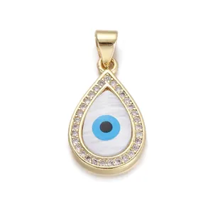 Water-drop Evil Eye pendant with mother of pearl and cubic zirconia in 18K gold plating