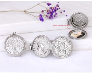 Detail of silver hollow engraved locket showing interior photo slot for memory storage