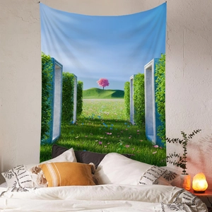 Bohemian large wall tapestry featuring a surreal pink tree landscape for bedroom decor