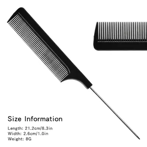 Pettine professionale a coda nero con ago in acciaio e specifiche dimensioni precise