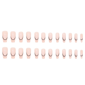 Pink press-on nails with black minimalist lines in a 24-piece ballet shape set