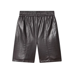Women Faux Leather Shorts High Waist Elastic Waistline Knee Length Straight Leg Casual Textured PU Shorts For Ladies