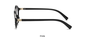 Side view of black oval sunglasses featuring a gold square metal hinge detail