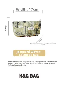 Detail view of cotton linen makeup bag showing floral embroidery and 17x14x4cm dimensions