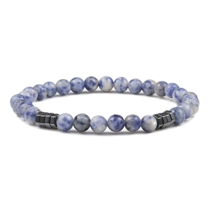 Macro shot of 6mm blue sodalite beads with dark grey square metallic spacers