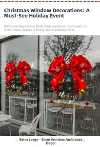 Detail of red Christmas bow window sticker with snowflakes and golden Merry Christmas text