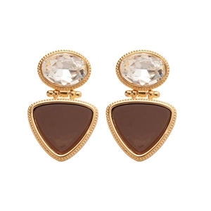 18k gold plated triangle pendant earrings with brown inlay and diamond accents