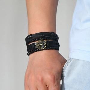 Men's multilayer leather bracelet with bronze Tree of Life charm and woven beads