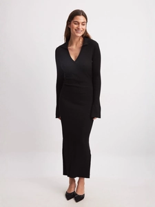 Slim fit black long sleeve knit dress with V-neck collar and ribbed texture fabric