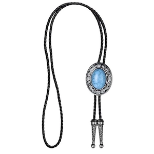 Detail of silver bolo tie with blue turquoise stone and black braided leather cord