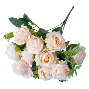 Bouquet of ten champagne artificial silk roses for wedding and home decoration