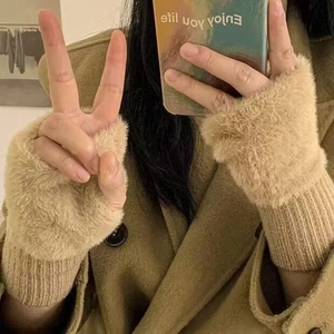 Winter warm camel faux mink fur fingerless gloves with plush knit trim for women