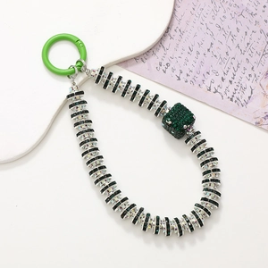 Green crystal bead lanyard for phone with sparkling rhinestone cube and spring clasp