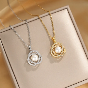 Elegant Camellia Rose Pendant Necklace Titanium Steel Copper Zircon Artificial Pearl Enamel Jewelry For Women