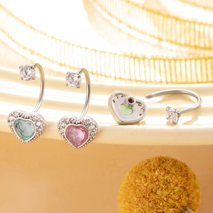 Silver stainless steel heart navel rings with sparkling pink and green crystals